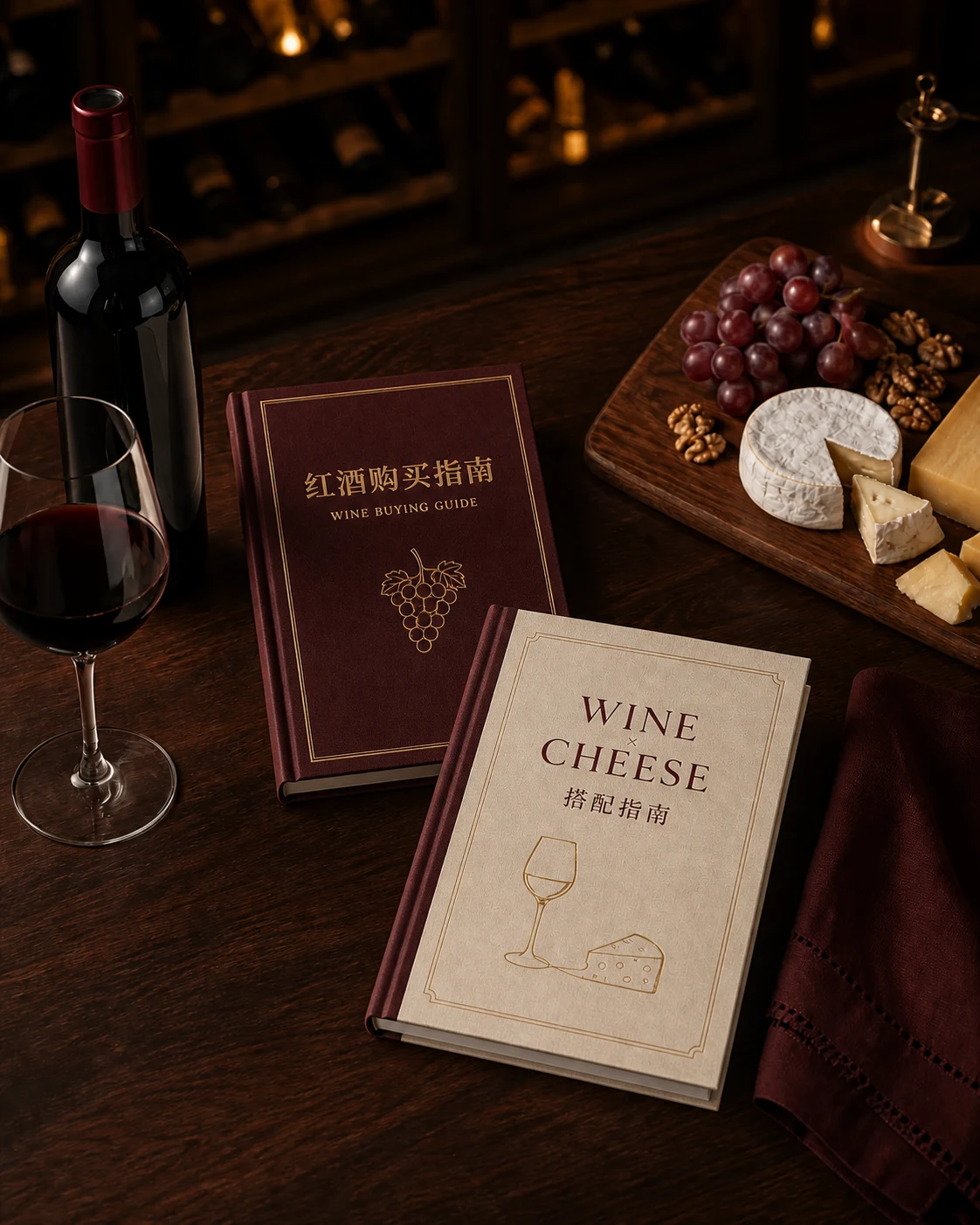 有完整封面设计的红酒购买指南与 Wine Cheese 搭配指南