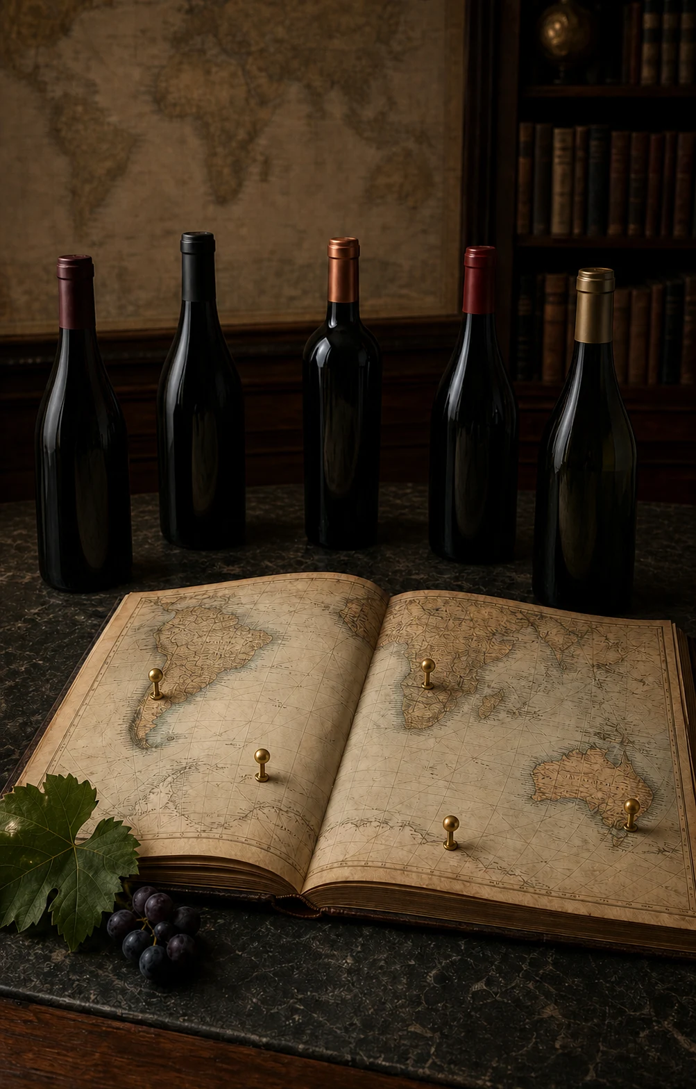 五瓶葡萄酒、世界地图与五个产地标记组成的高级五国主题视觉